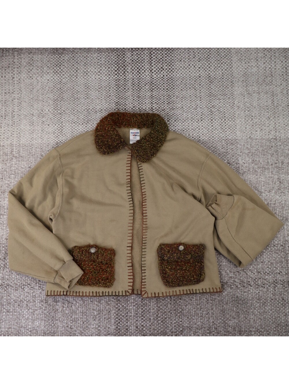 Vintage Jerzees Sweatshirt Cardigan Medium M Tan Crochet Knit Trim Jacket